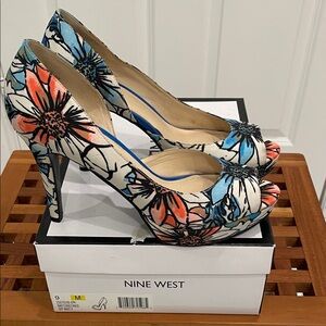 Nine West Floral Peep-Toe Heels in White, Blue & Coral
